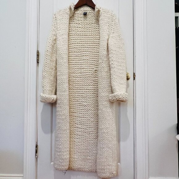 Vintage Gap Chunky Knit Ivory Long Duster Cardigan Coat 100% Wool Women's Large - Picture 5 of 16